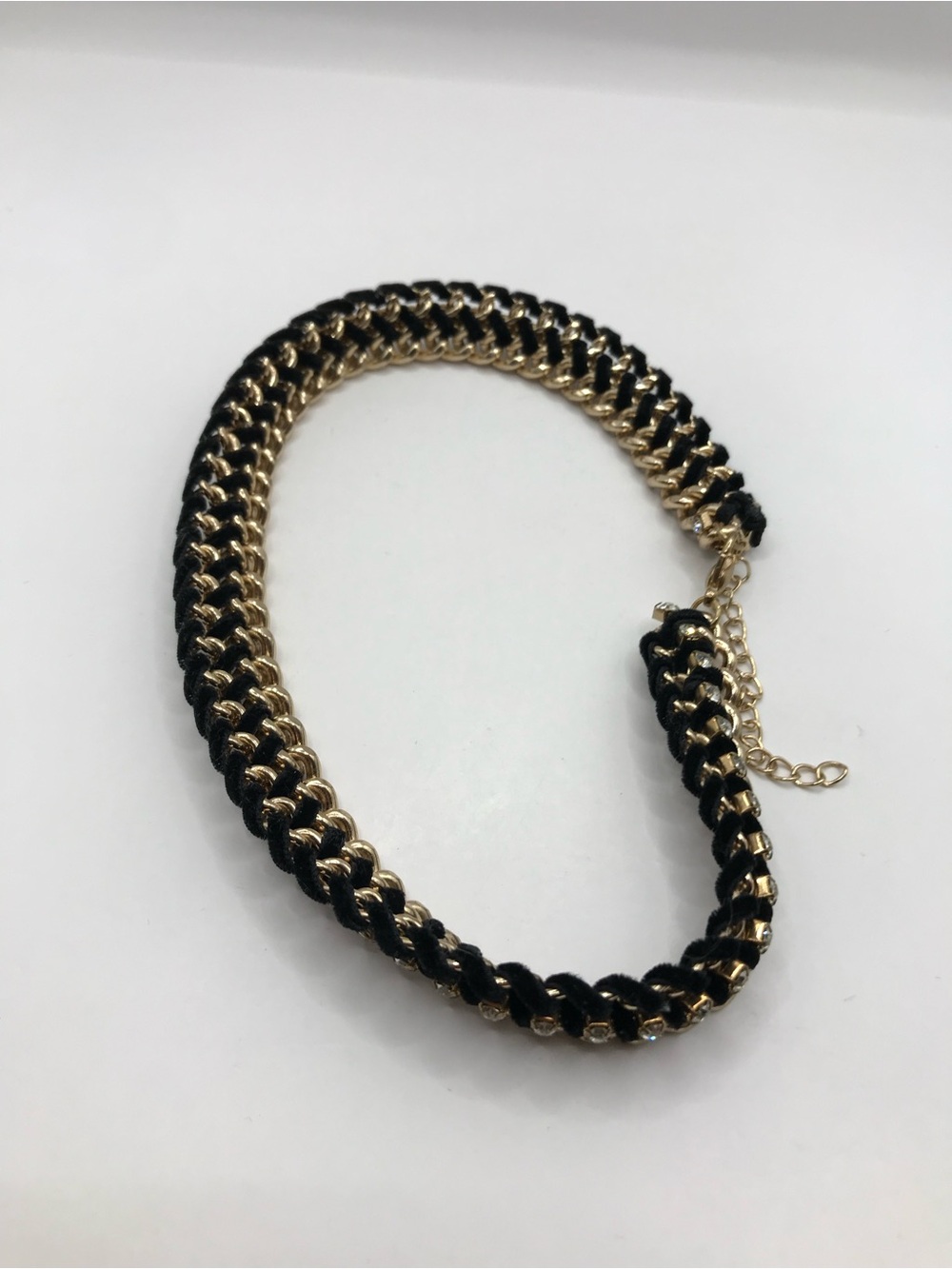 Gold-Tone, Black Suede & Rhinestone Collar Necklace - Picture 5 of 8